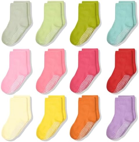SkiBeaut Toddler Girls Crew Socks with Non-Slip Grips 12 Pairs