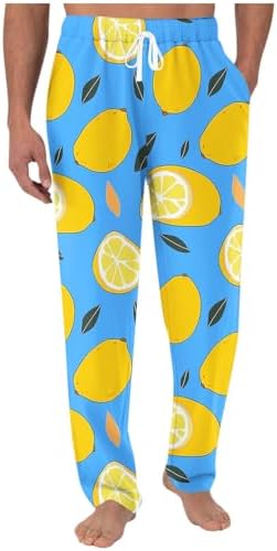 Mens Lemon-Printed Drawstring Pajama Pants Elastic Waist Comfy for Sleep