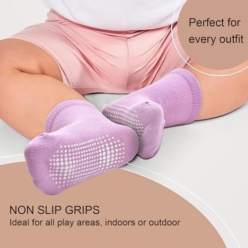 SkiBeaut Toddler Girls Crew Socks with Non-Slip Grips 12 Pairs