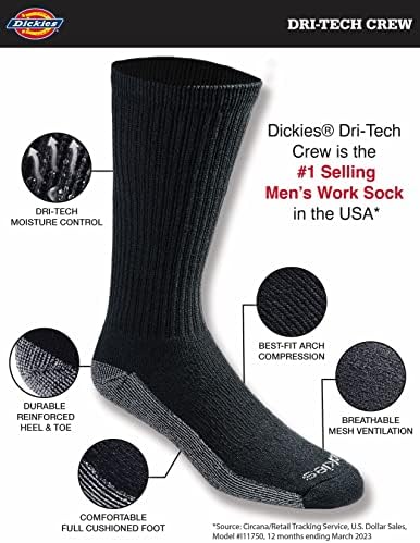 Dickies Mens Dri-Tech Moisture Control Crew Socks for Daily Use