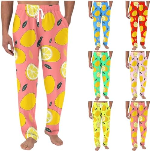Mens Lemon-Printed Drawstring Pajama Pants Elastic Waist Comfy for Sleep