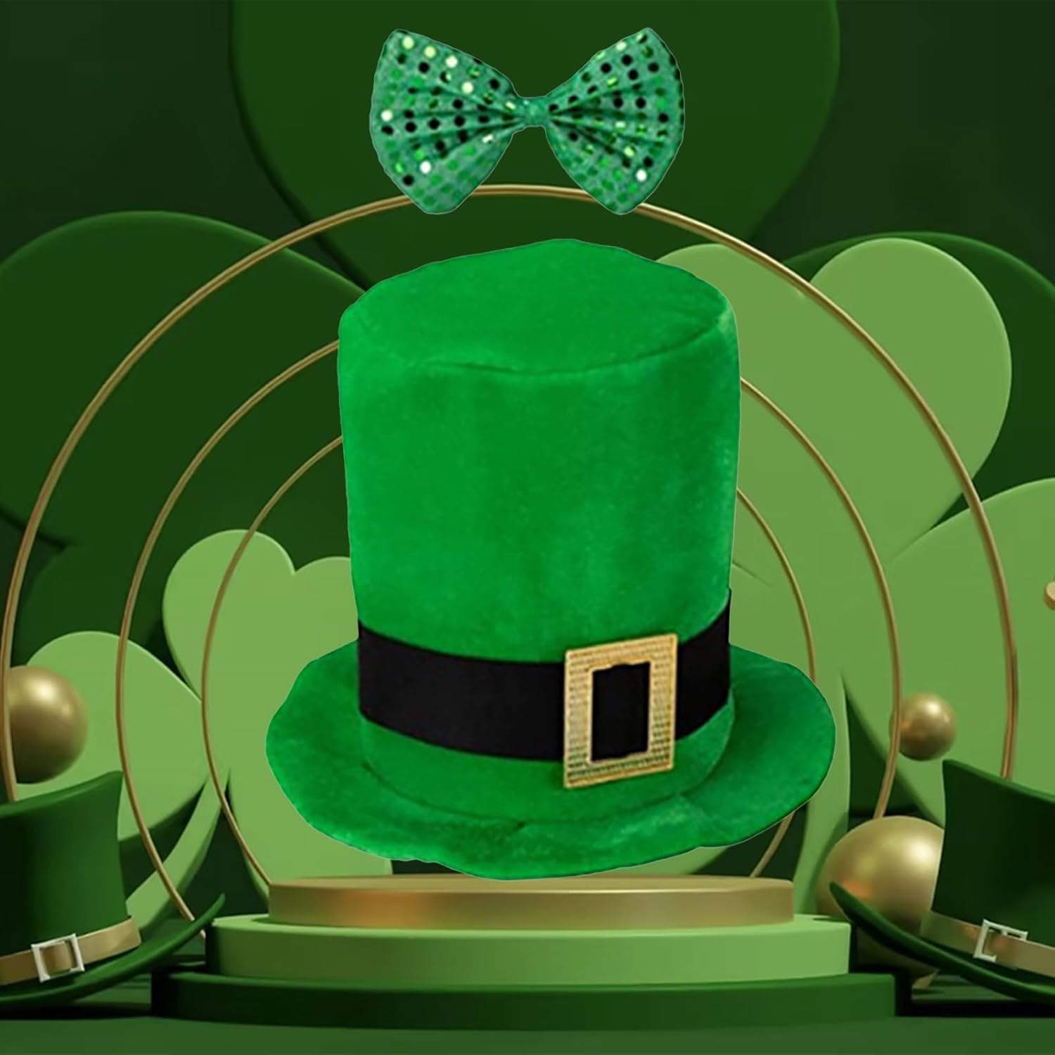 St Patricks Day Green shamrock hat with tie for Women Men