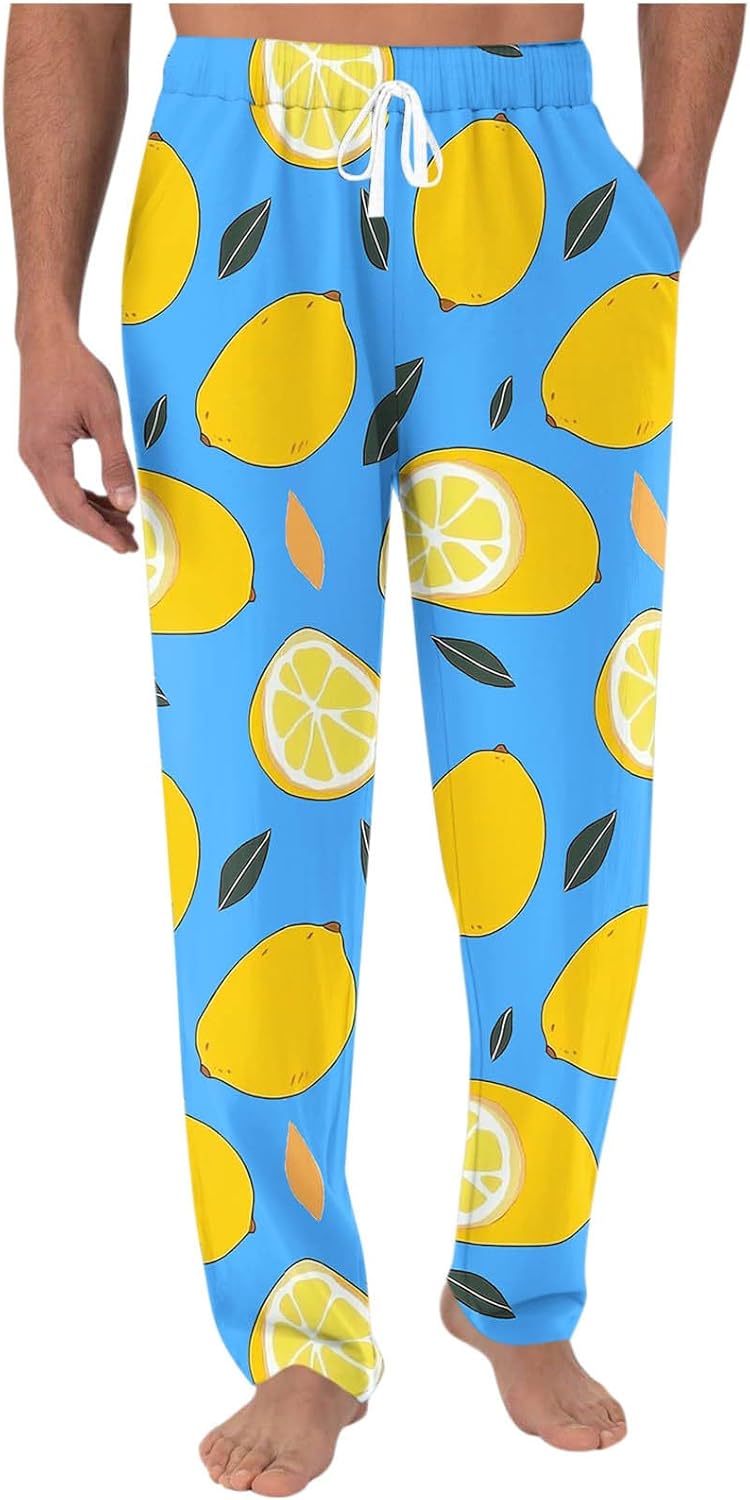 Mens Lemon-Printed Drawstring Pajama Pants Elastic Waist Comfy for Sleep