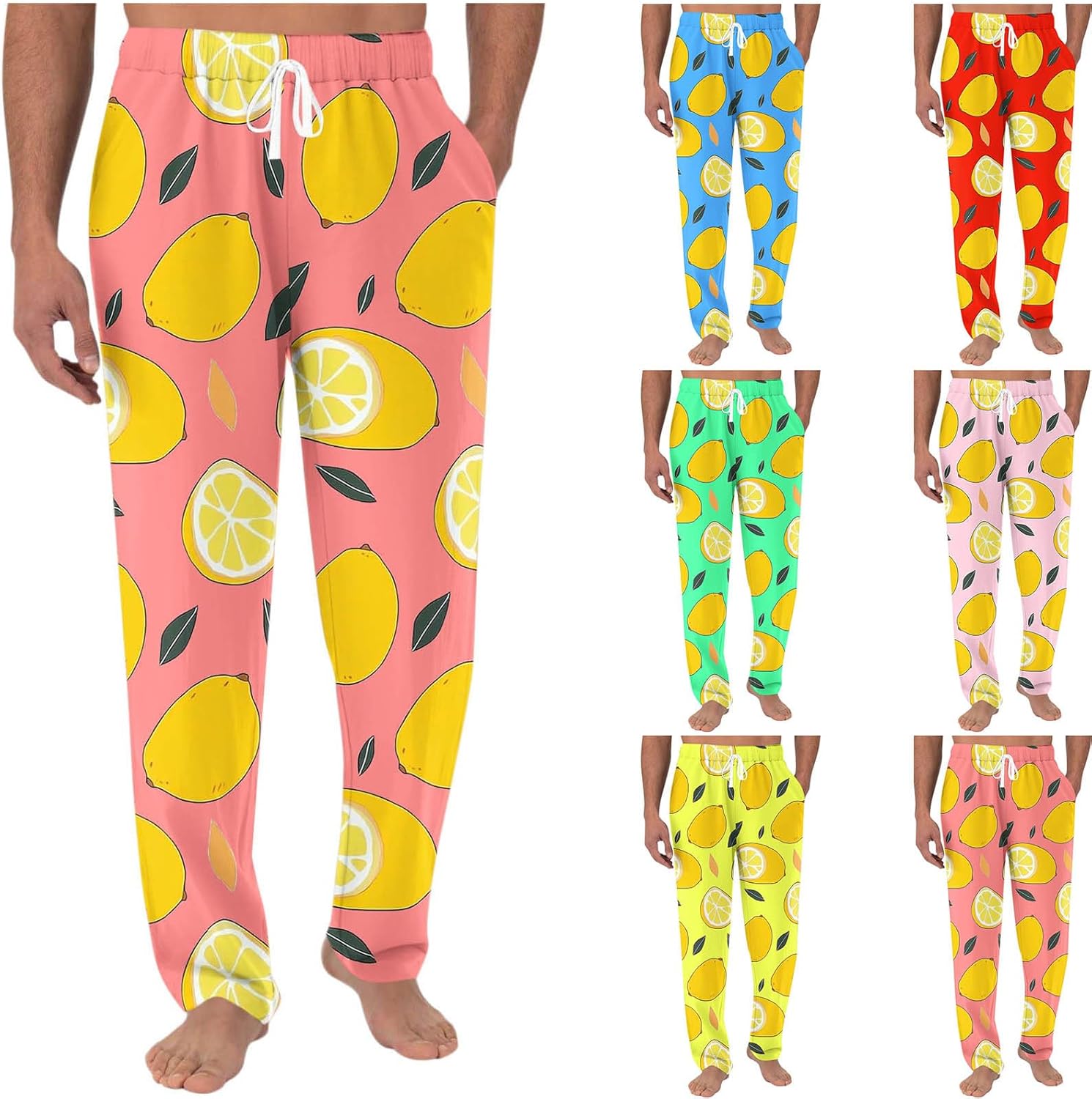 Mens Lemon-Printed Drawstring Pajama Pants Elastic Waist Comfy for Sleep