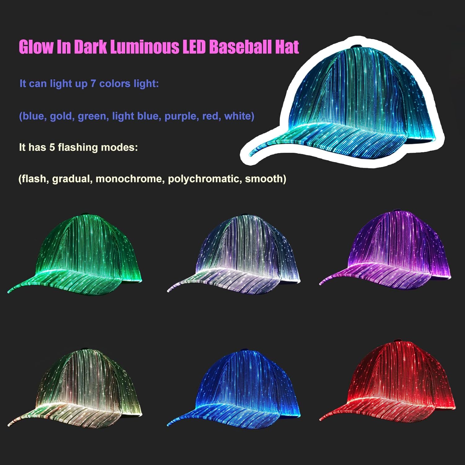 Light Up LED Baseball Cap - Glow-in-the-Dark Party Hat