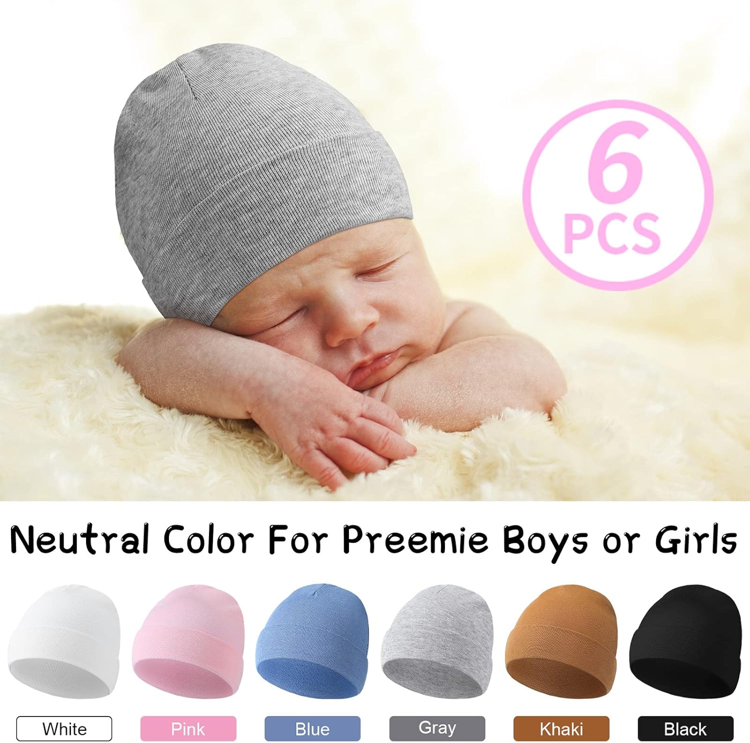 6-Piece Newcotte Cotton Baby Beanie Hats for Premie