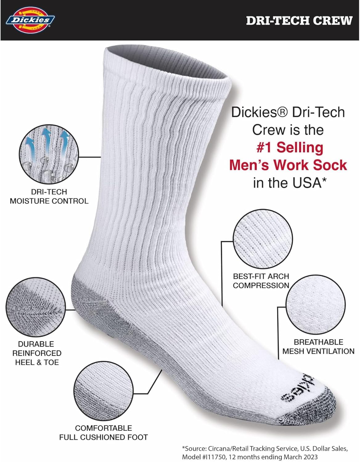 Dickies Mens Dri-Tech Original Moisture Control Crew Socks M-XXL