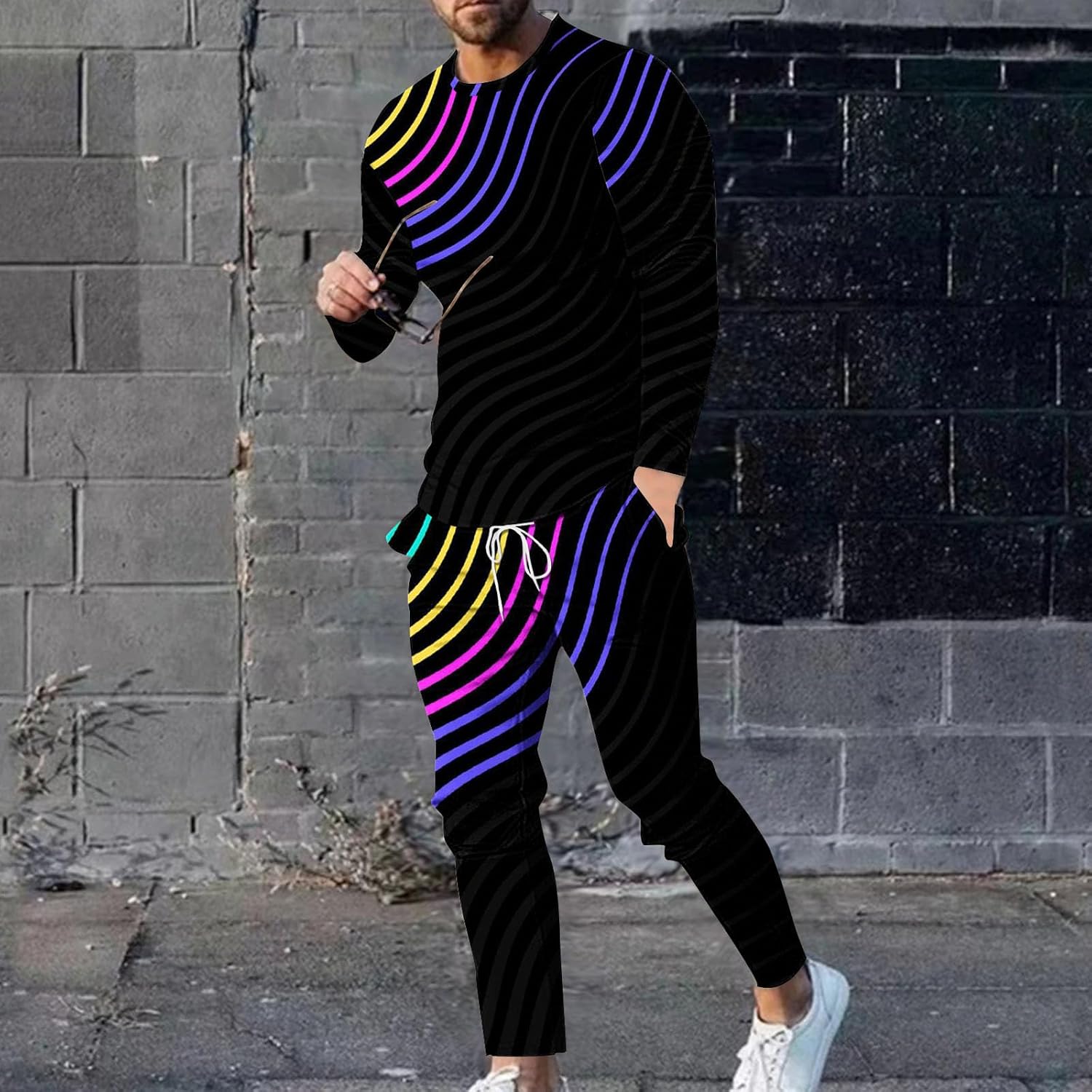 QIGUANDZ Mens Color-Striped 2-Piece Tracksuit