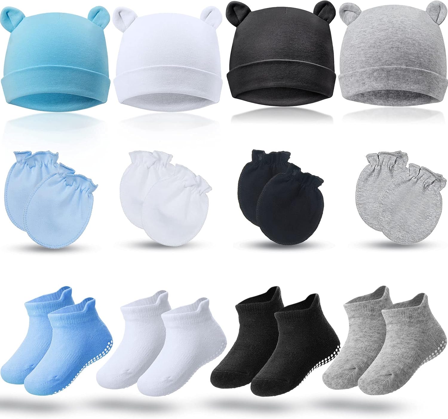 4 Piece Newborn Baby Hat and Mittens Set 0-6 Months