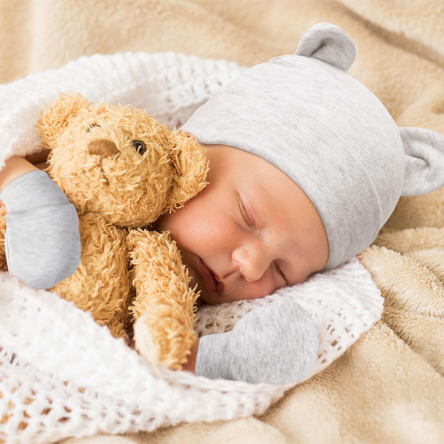 DRESHOW BQUBO Baby Bear Ears Set - Hospital Baby Hats Mittens