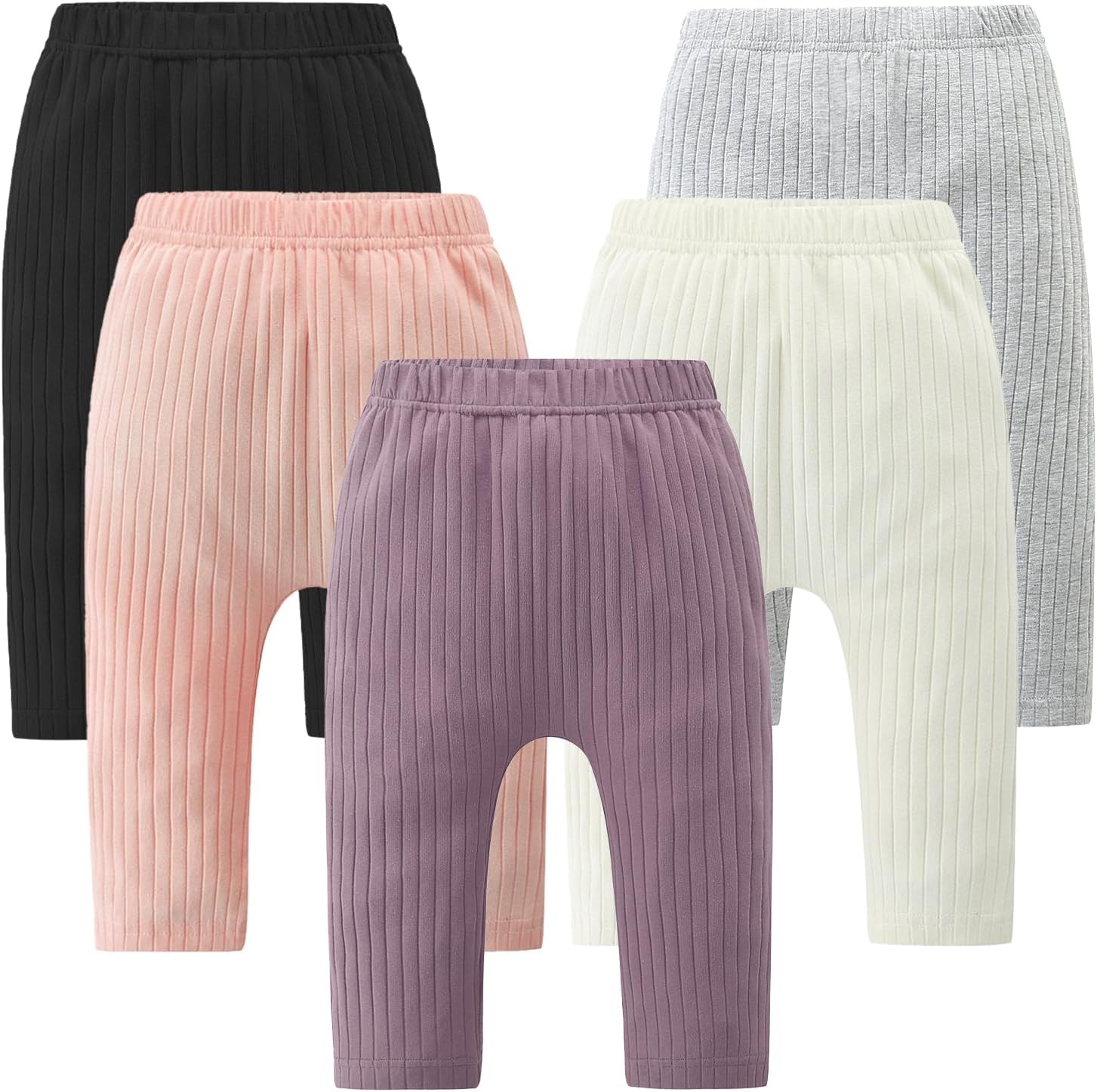 Fullfamous Baby Girls 5-Pack Cotton Ribbed Pull-On Pants Leggings 0-4Y