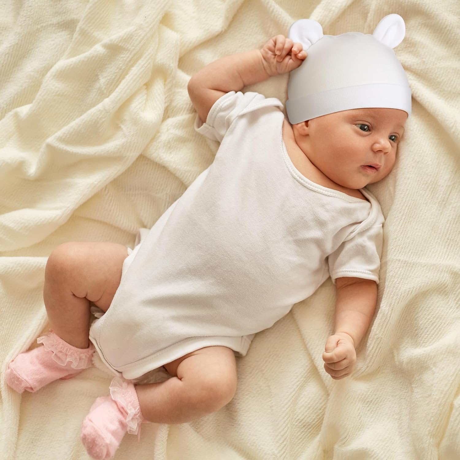 Toulite 10 Pcs Bear Ears Cotton Hats for Newborn Girls