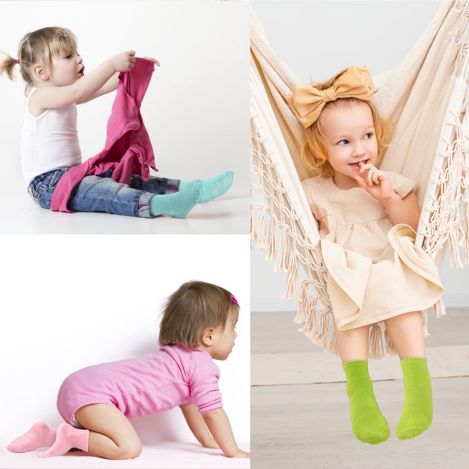 SkiBeaut Toddler Girls Crew Socks with Non-Slip Grips 12 Pairs