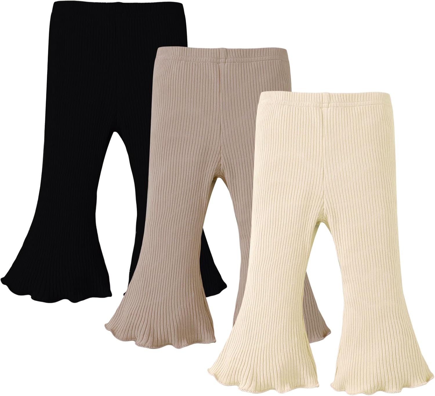SOBOWO Baby Girl Flare Pants 3 Pack Toddler Solid Ribbed Ruffle