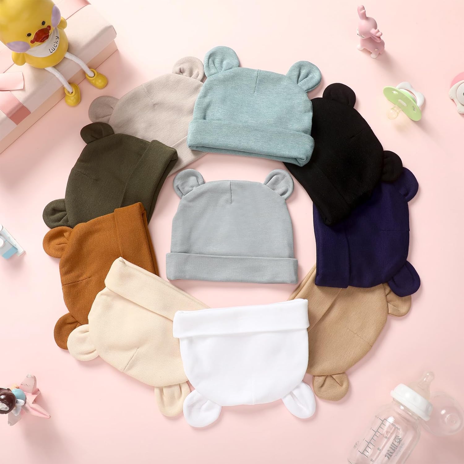 Toulite 10 Pcs Bear Ears Cotton Hats for Newborn Girls