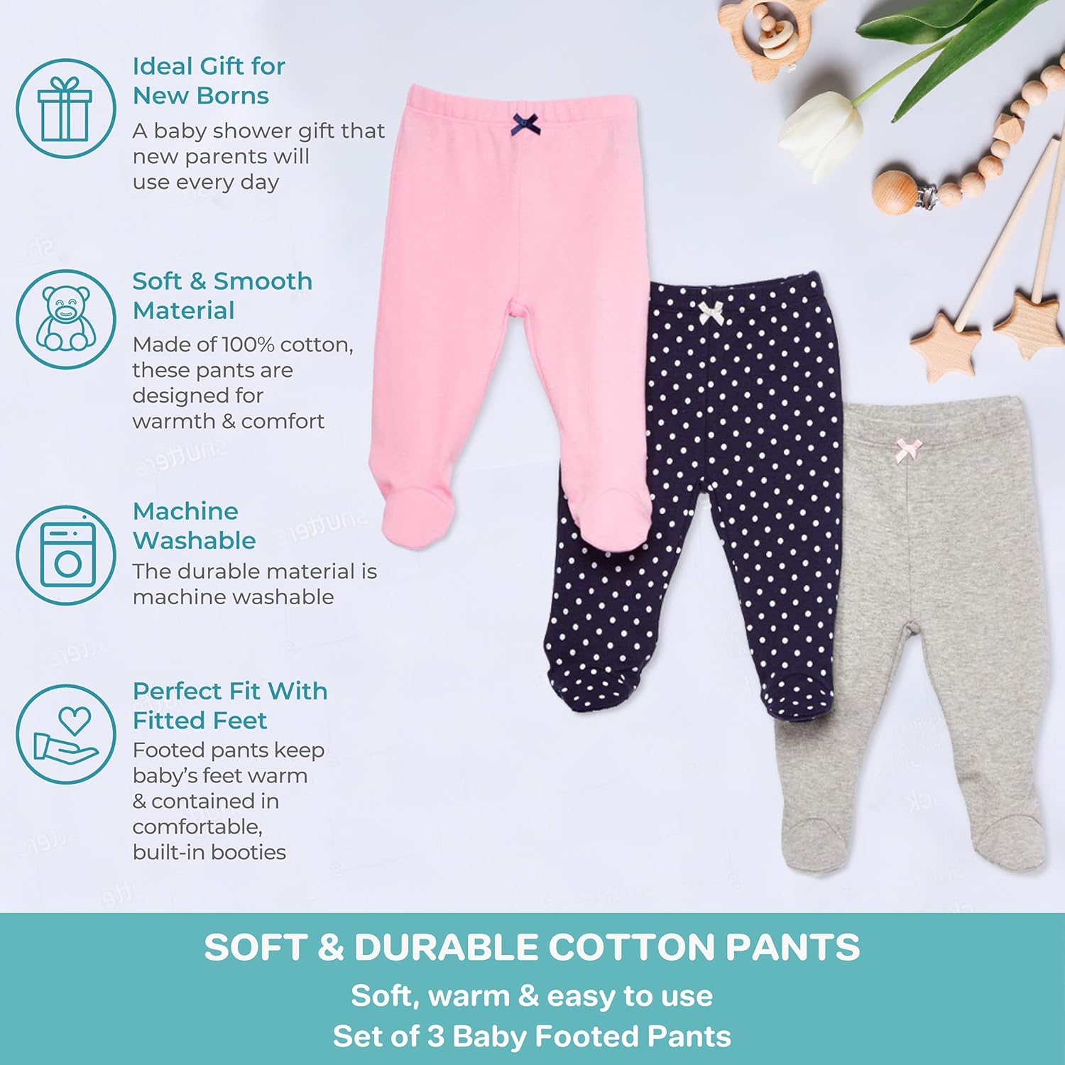 3-Pack Soft Cotton Footed Pants