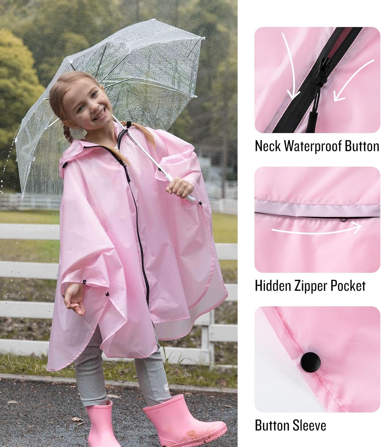 Lightweight Kids Rain Poncho SaphiRose waterproof jacket with zipper snap features