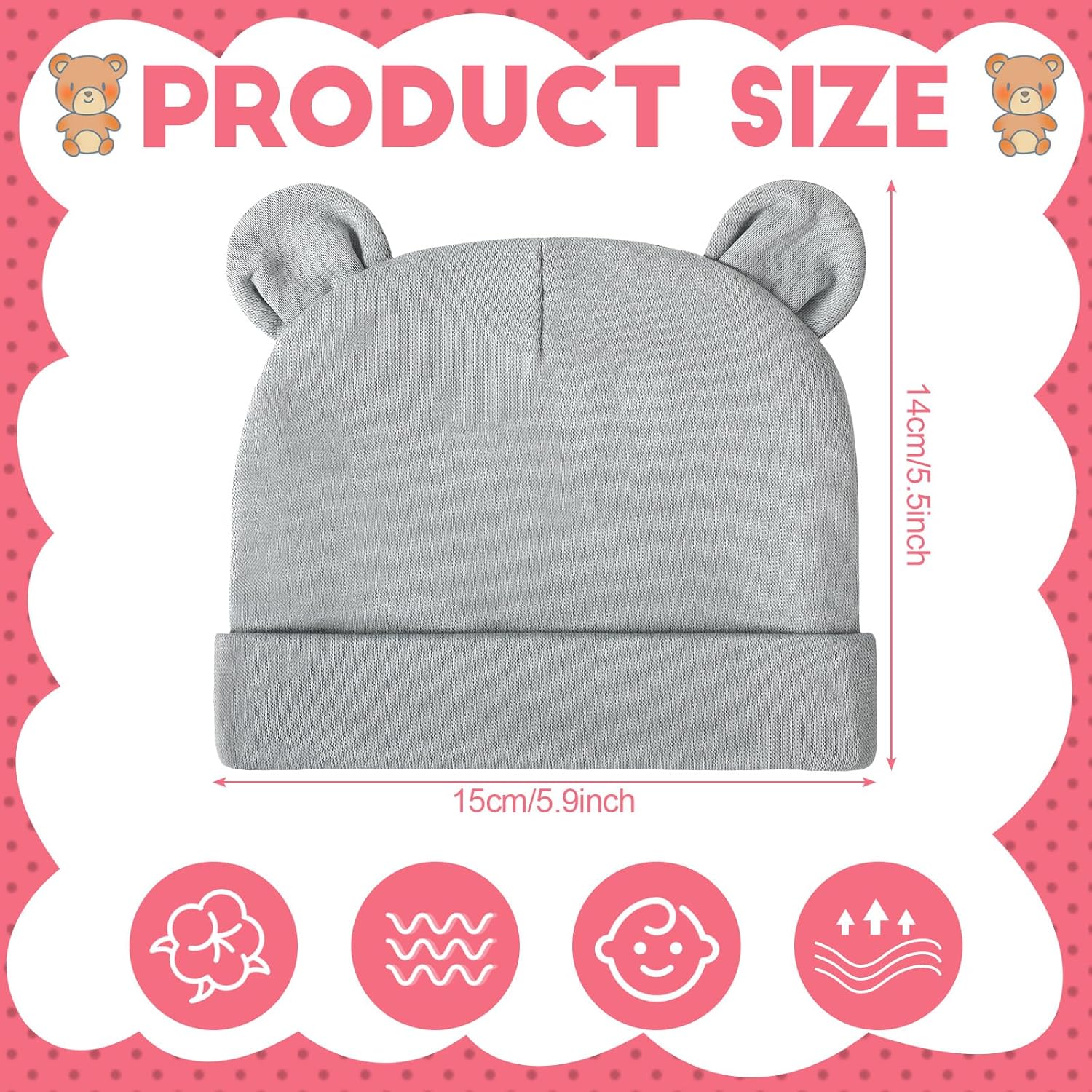 Toulite 10 Pcs Bear Ears Cotton Hats for Newborn Girls