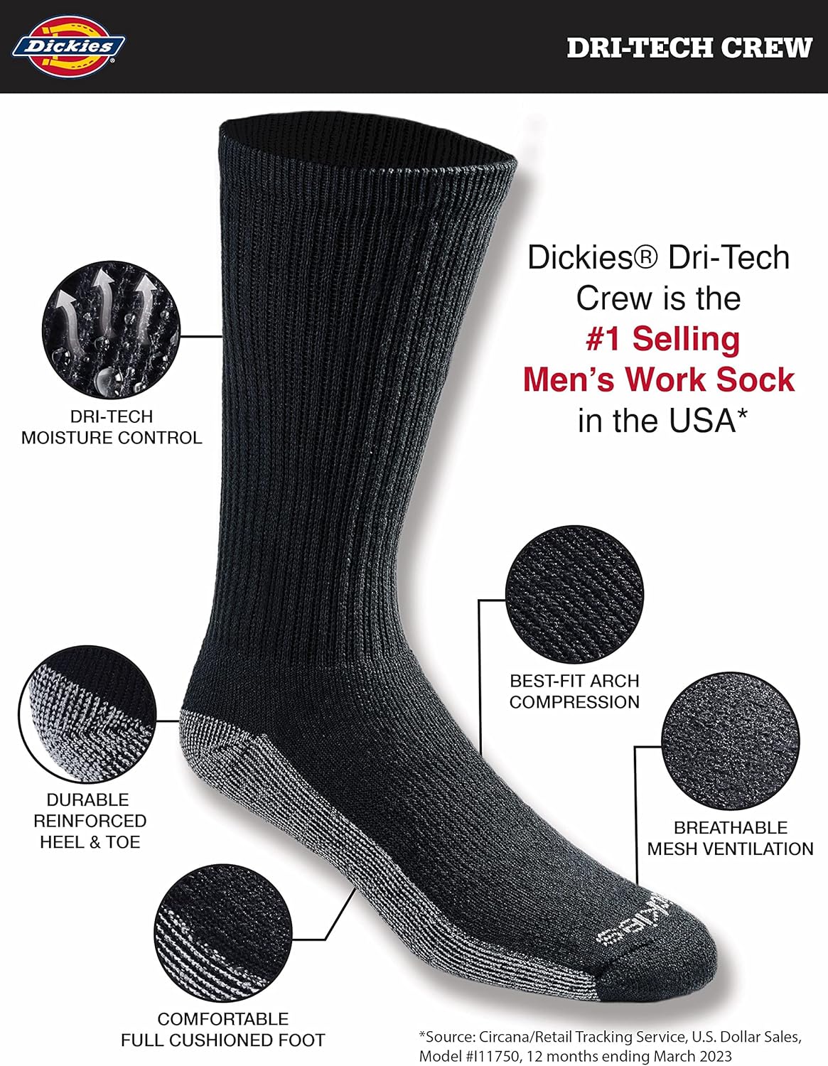 Dickies Mens Dri-Tech Moisture Control Crew Socks for Daily Use
