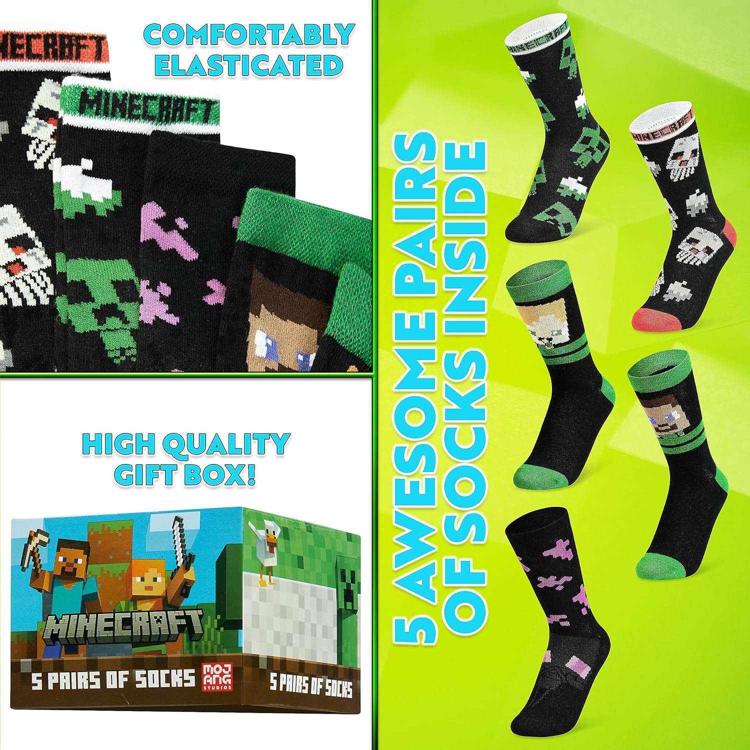 Minecraft Boys Crew Socks - Pack of 3 or 5