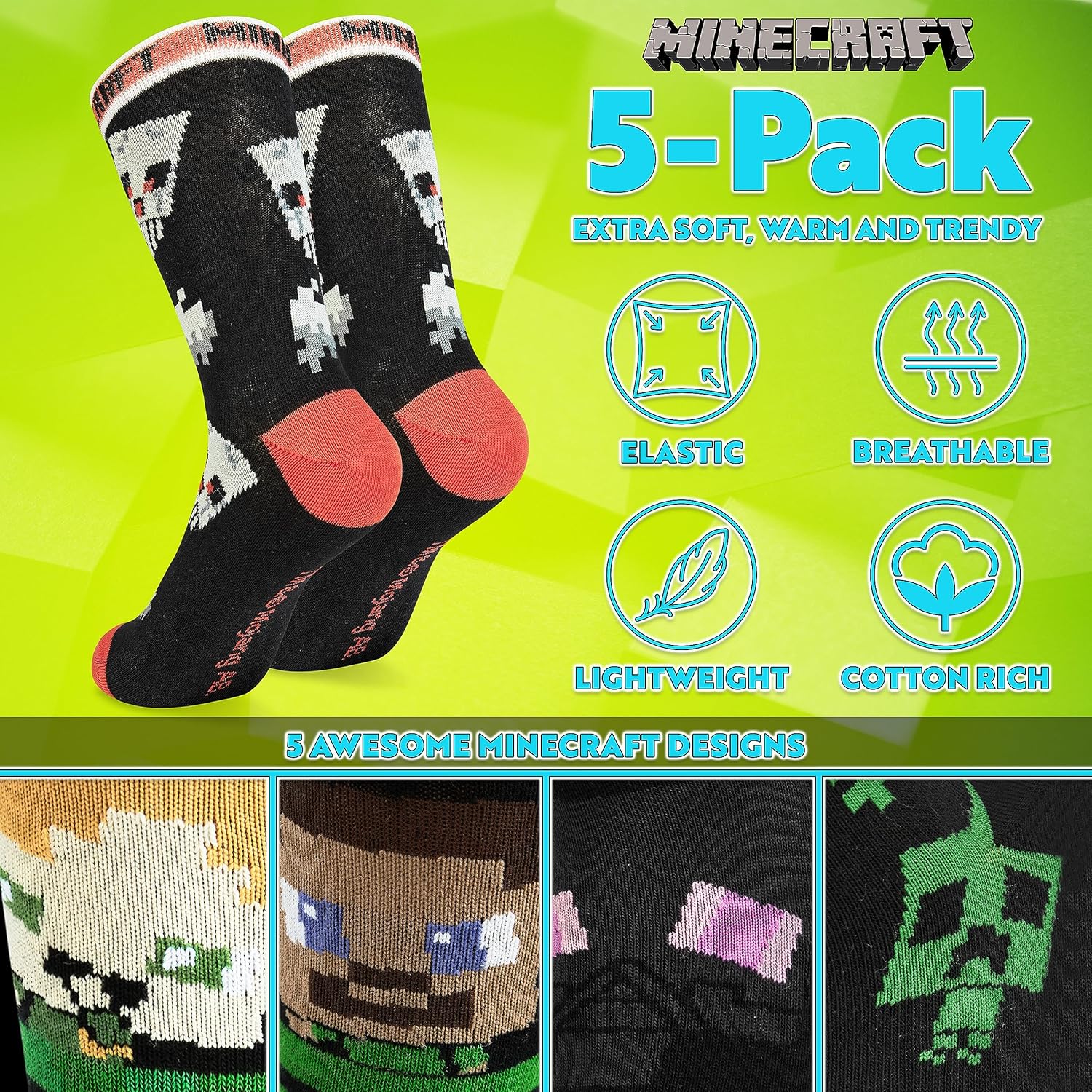 Minecraft Boys Crew Socks - Pack of 3 or 5