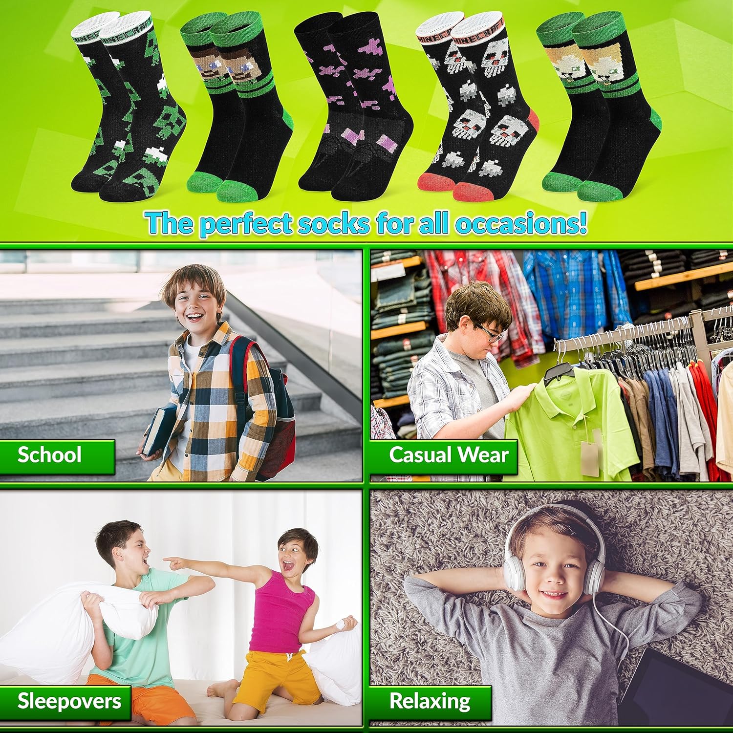 Minecraft Boys Crew Socks - Pack of 3 or 5